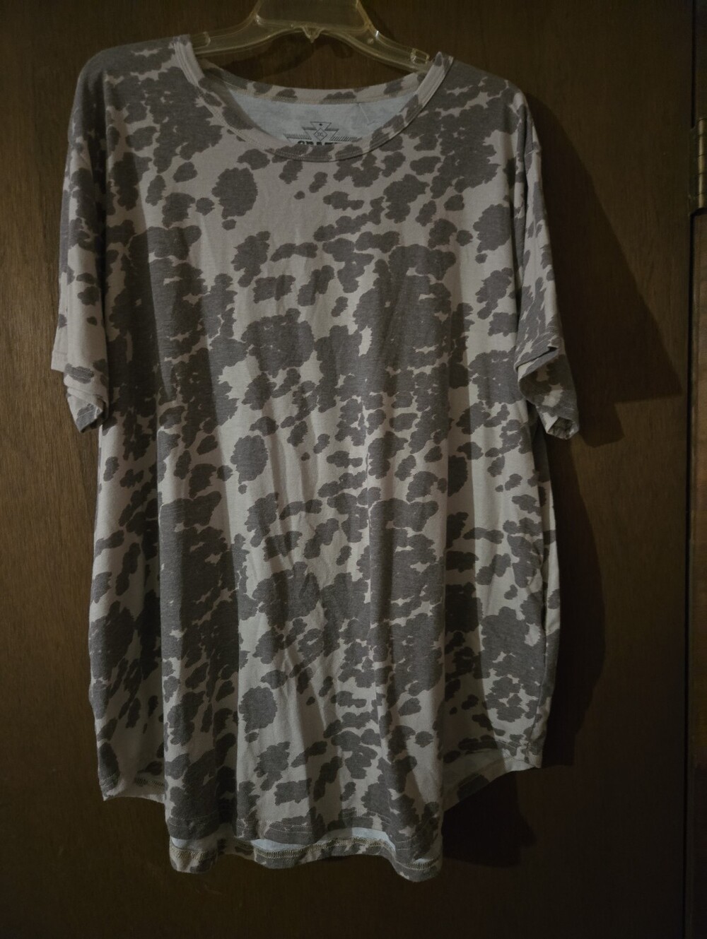 Crazy Train Gray and Cream Short Sleeve Cow Print Patterned Tee